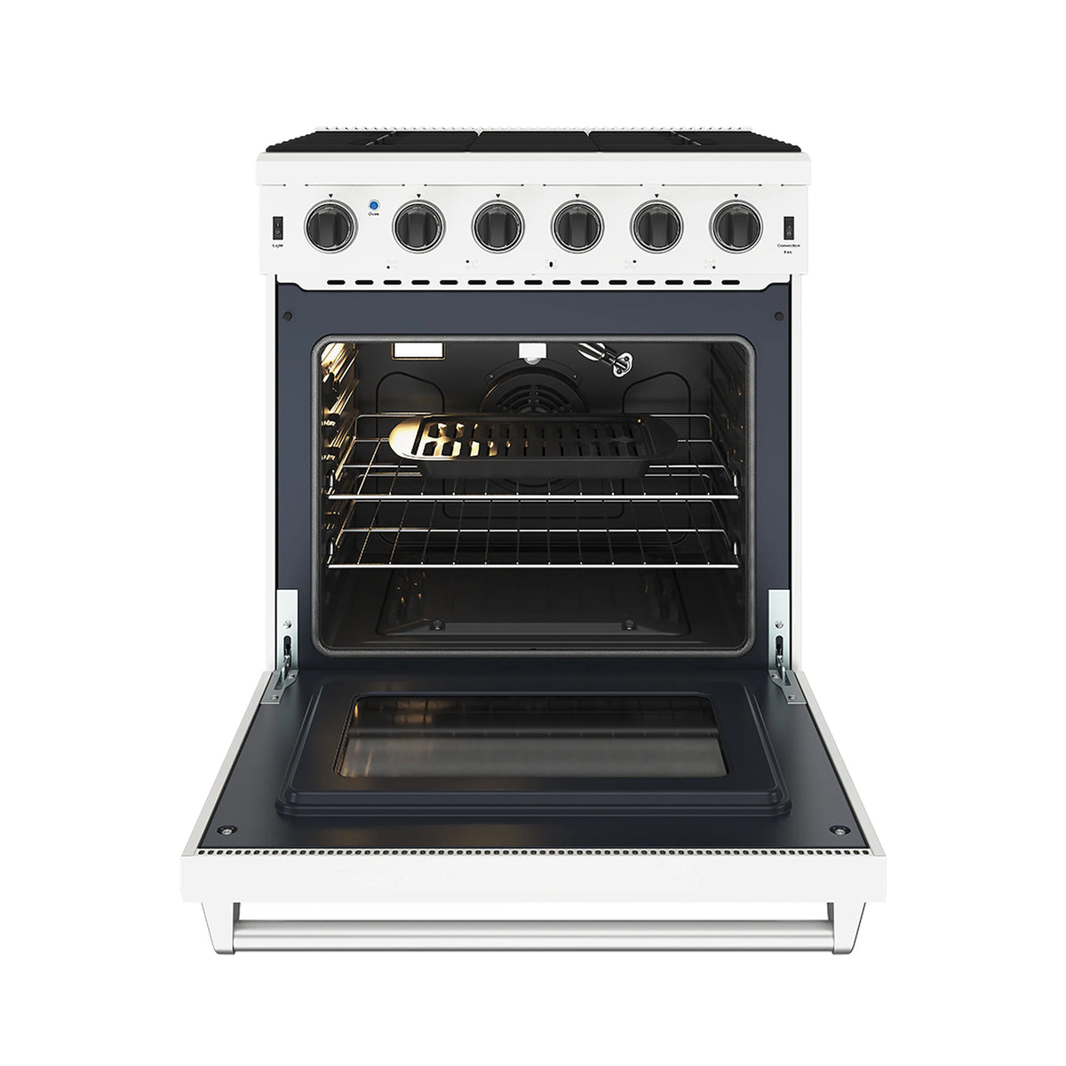 White gas range with oven door open showing racks and interior oven surfaces