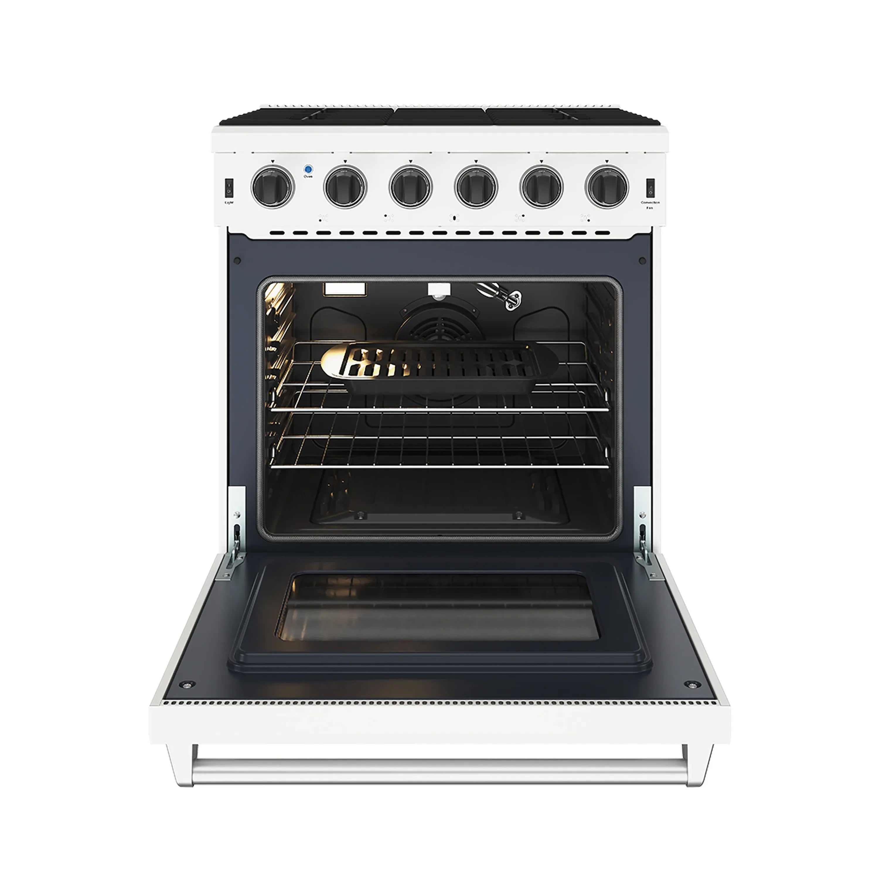White gas range with oven door open, showing racks inside black oven