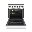 White gas range with oven door open showing racks and interior oven surfaces