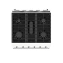 White 30-inch gas range with black cooktop, multiple burners, and front control knobs