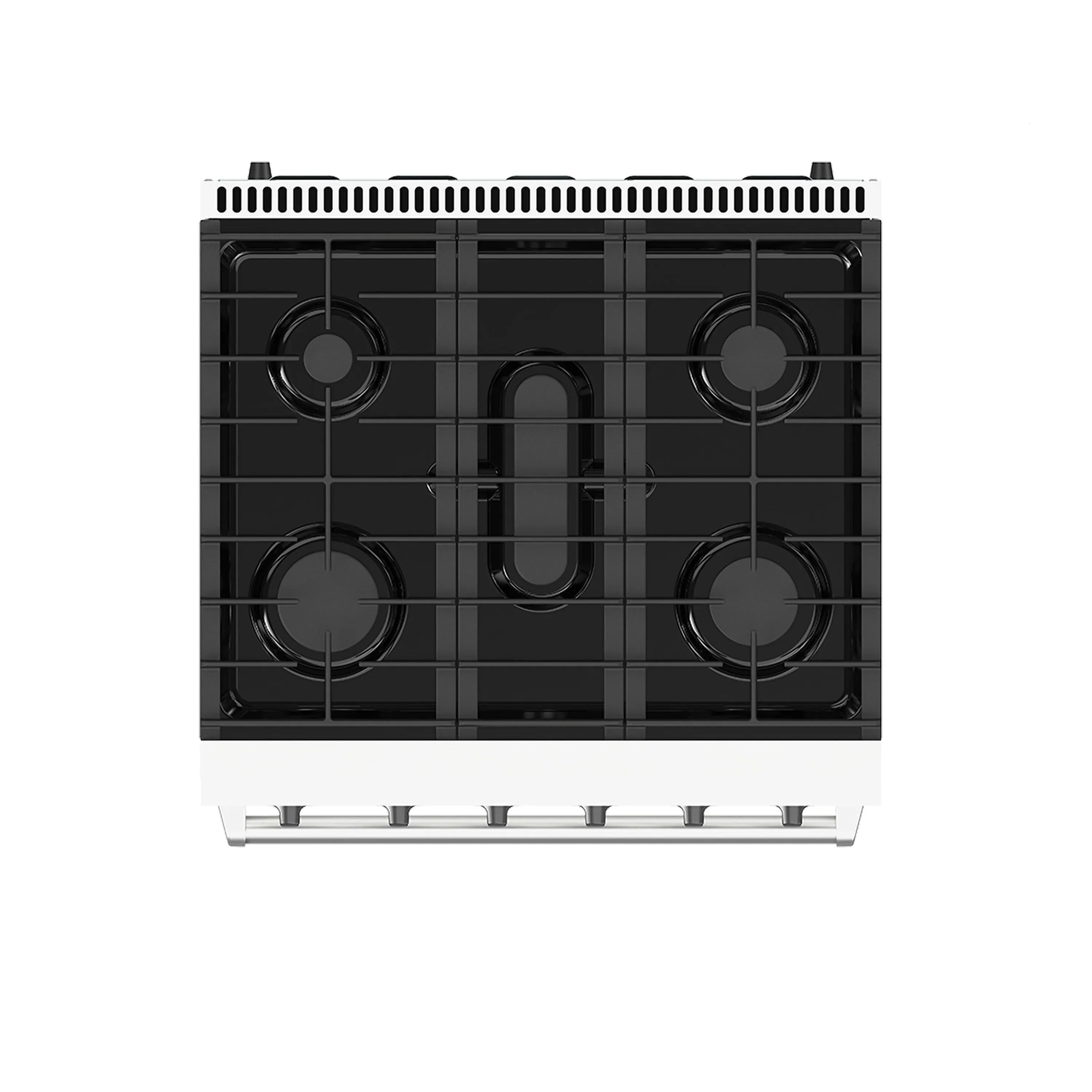 Black grates and burners on white propane gas range cooktop