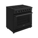 Black propane range side view with oven window and control panel