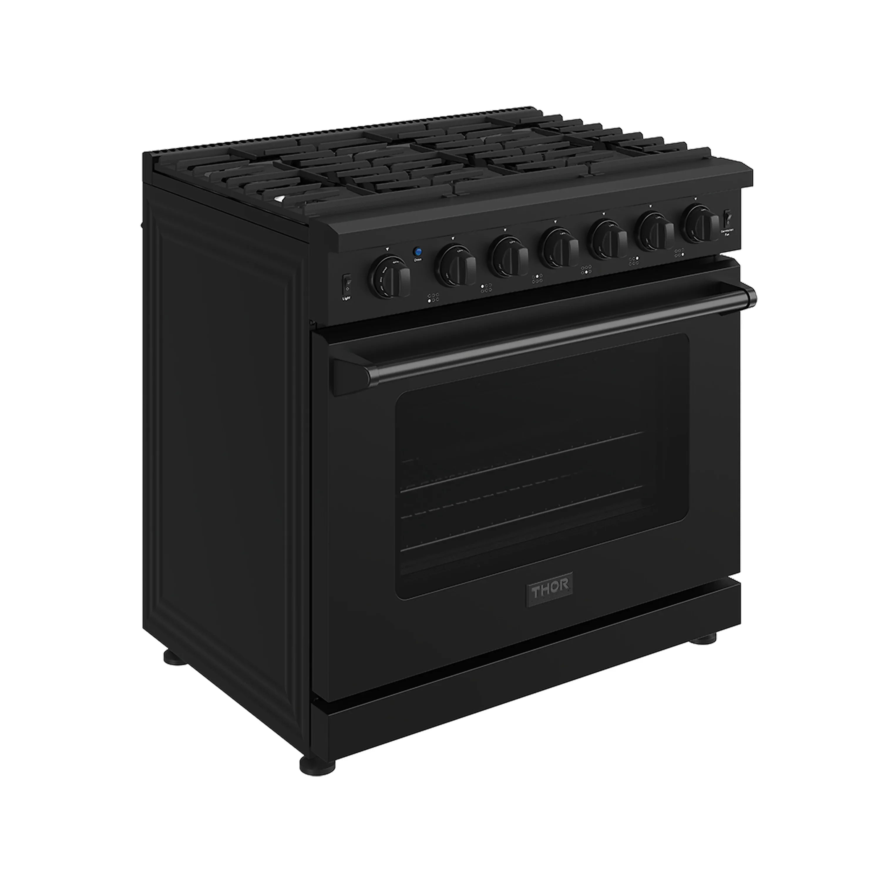 Black gas range with oven door and six-burner cooktop, side-front angle