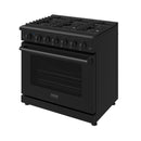 Black natural gas range with six burner cooktop and front oven door window