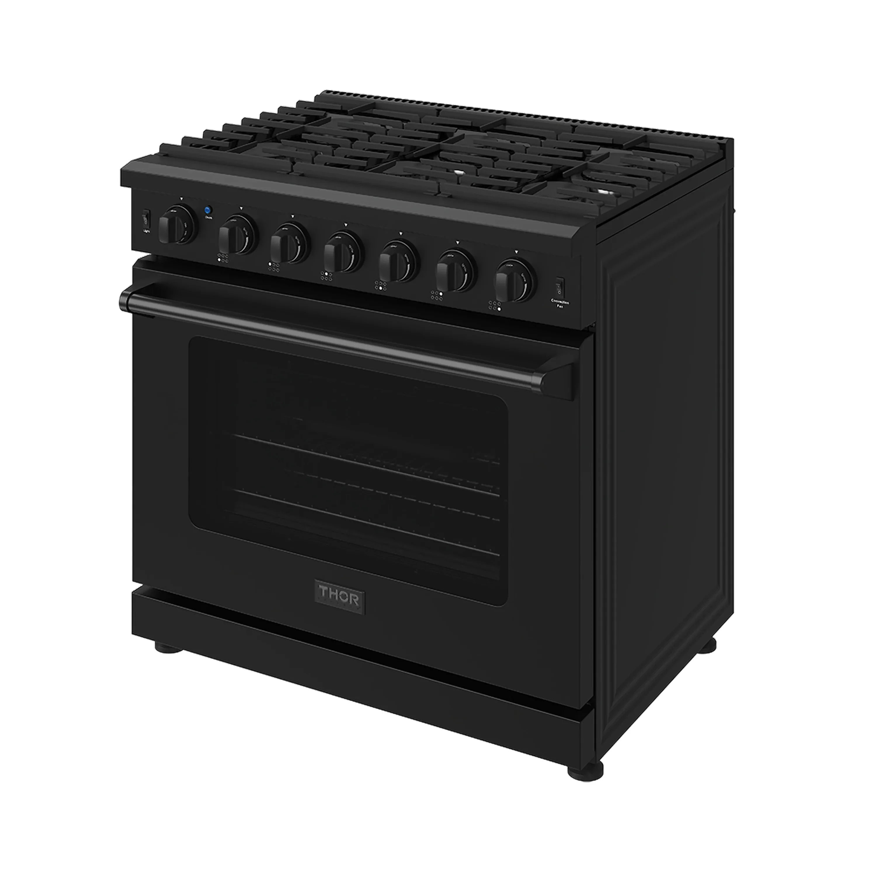 Black gas range with control panel and oven door, angled front view