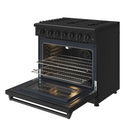 Black natural gas range with oven door open showing racks, fan, and broil pan