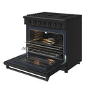 Black propane range with open oven door showing burner area and racks