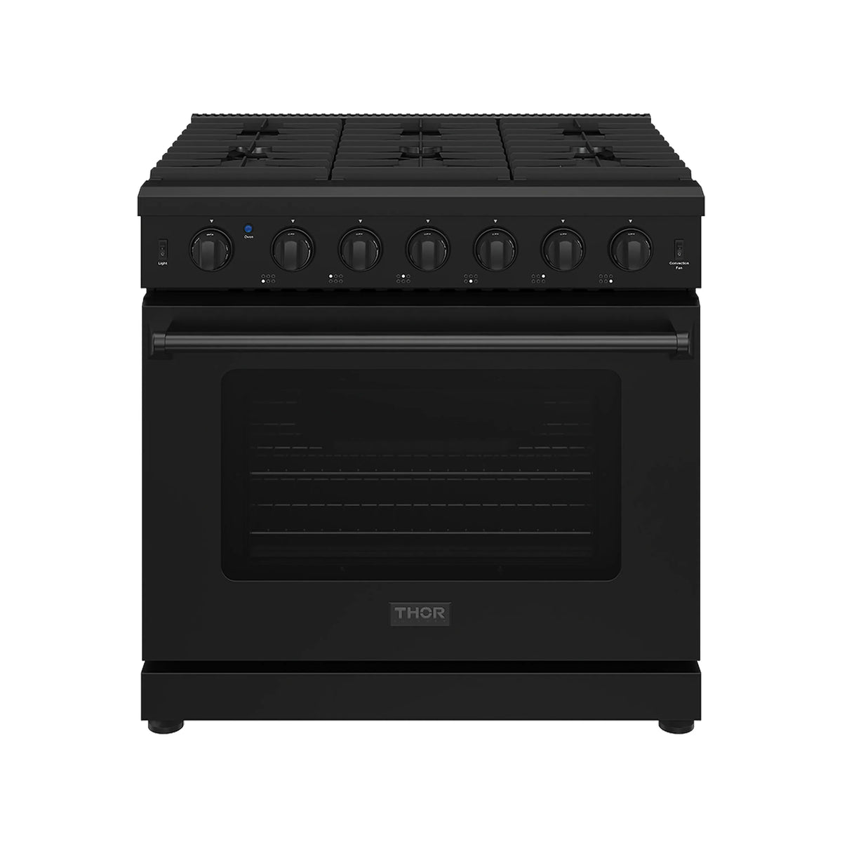 Black propane range with control knobs and closed oven door