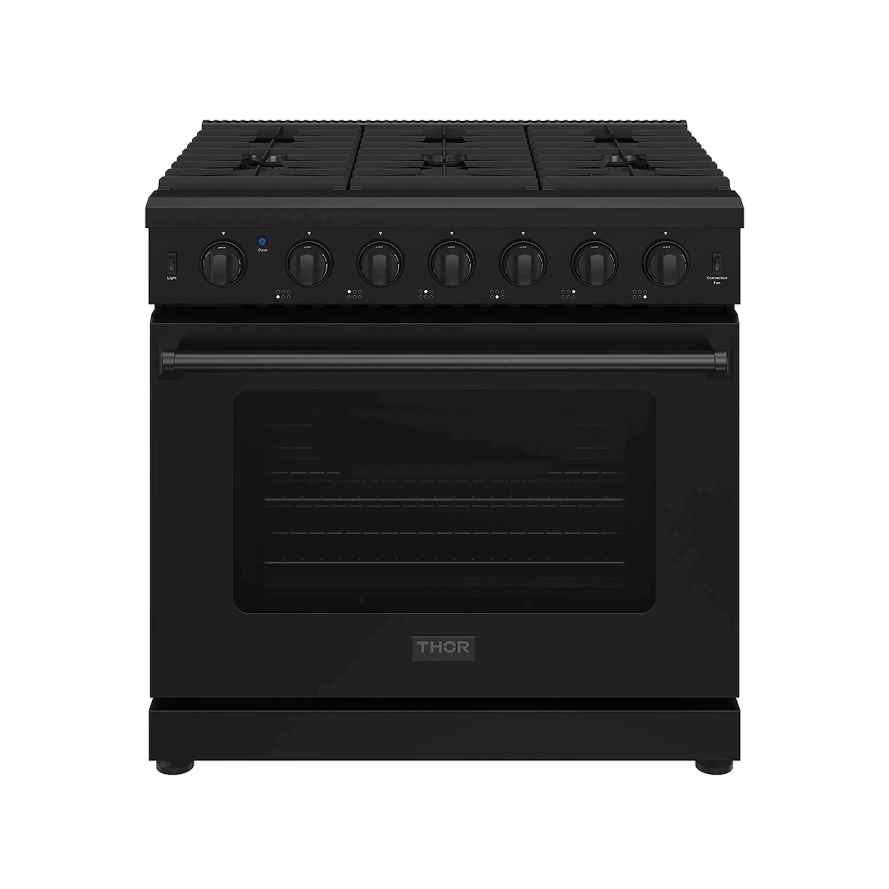Black gas range, front view with burner knobs and oven door