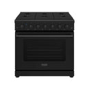 Black natural gas range with six burners and front control knob panel