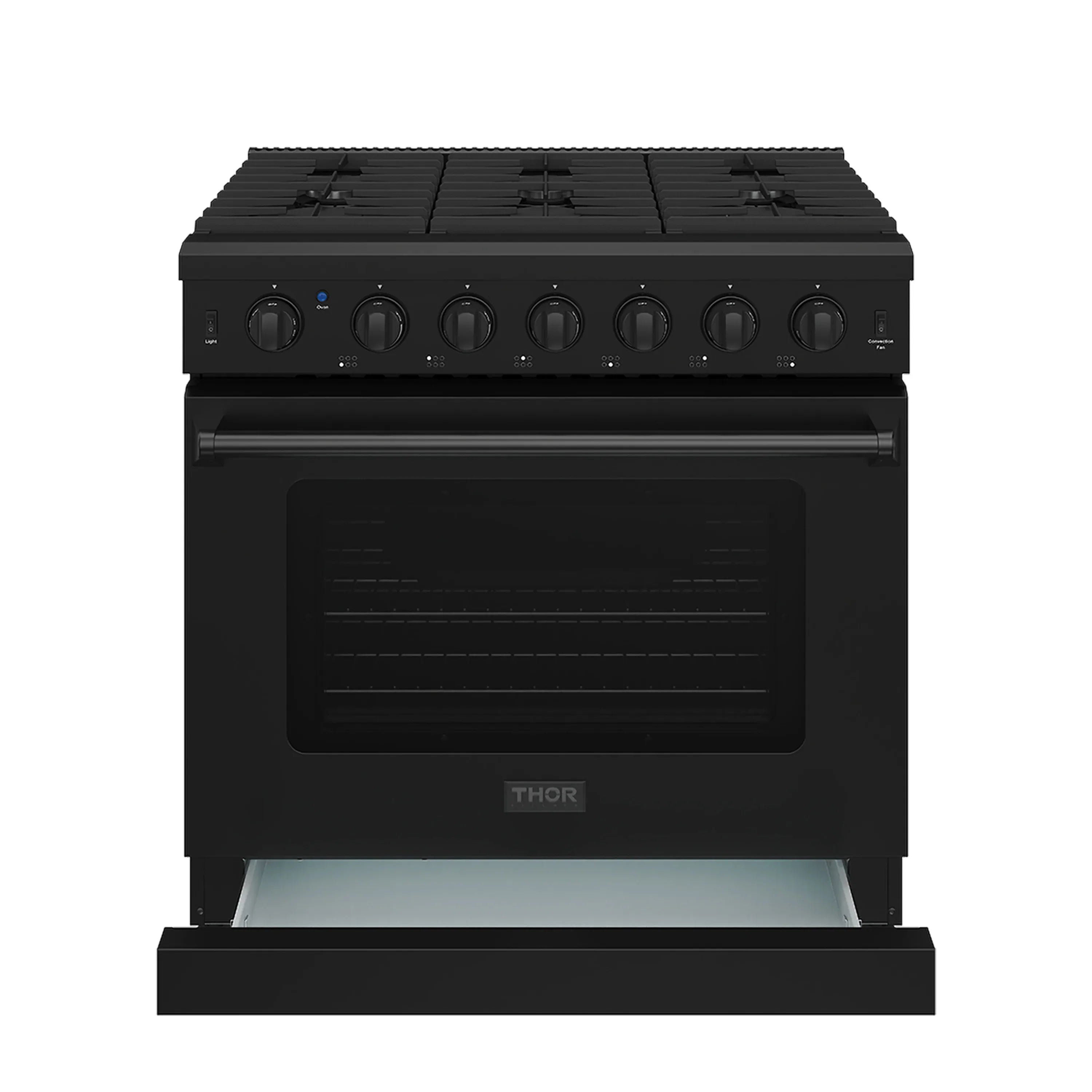 Black gas range with oven door and storage drawer open beneath
