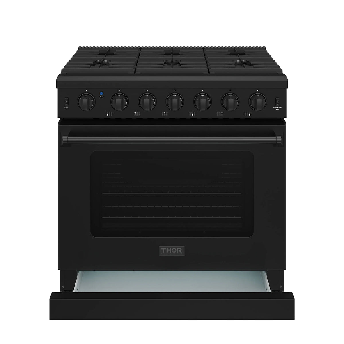 Black natural gas range with oven door closed and open broiler drawer below