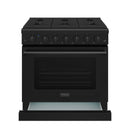 Black propane range with oven door open and broiler drawer extended