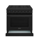 Black natural gas range with oven door closed and open broiler drawer below