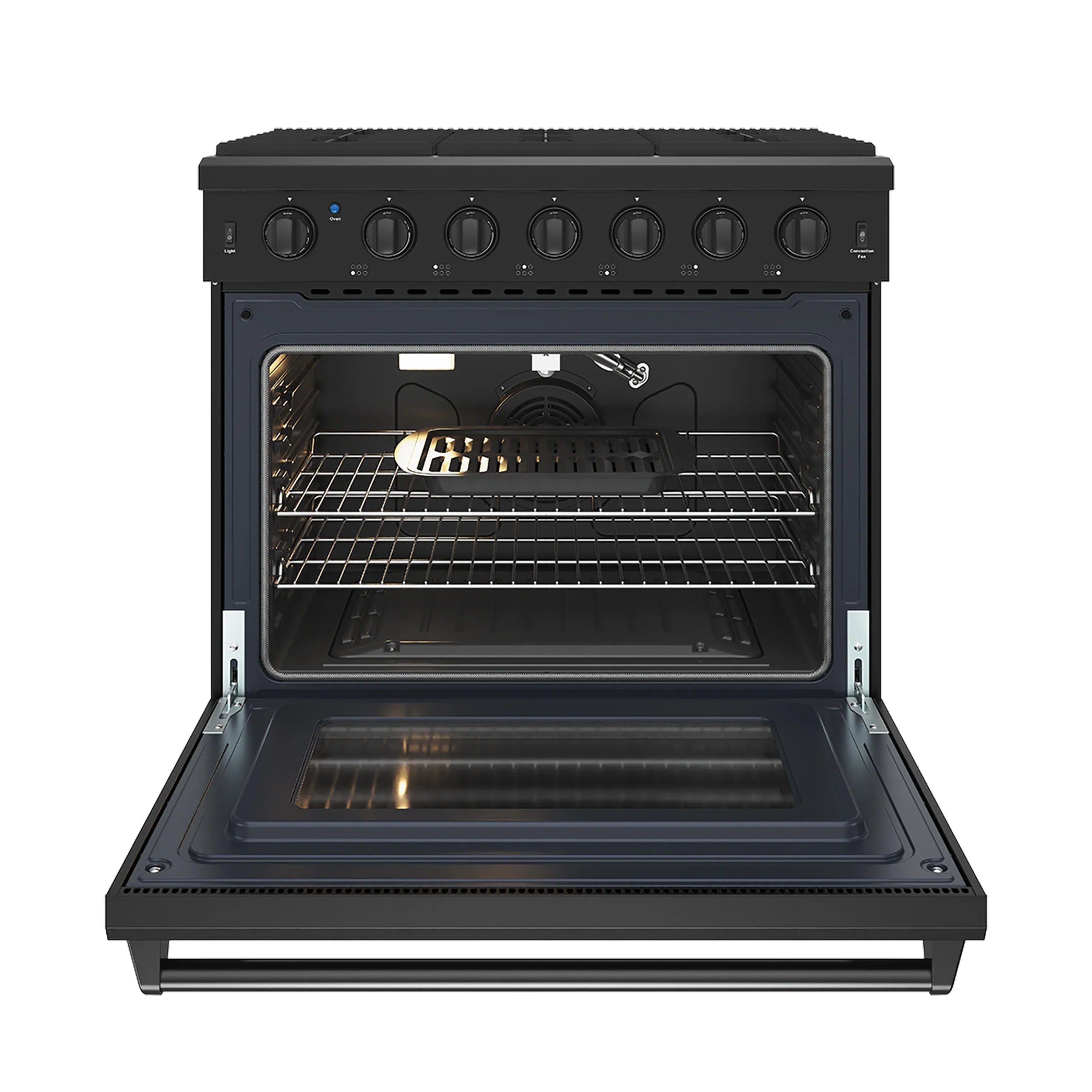 Black gas range with oven door open, showing racks and interior heating elements