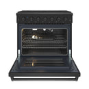 Black natural gas range with oven door open showing wire racks and interior light