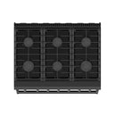 Black gas cooktop with six burners and cast-iron grates