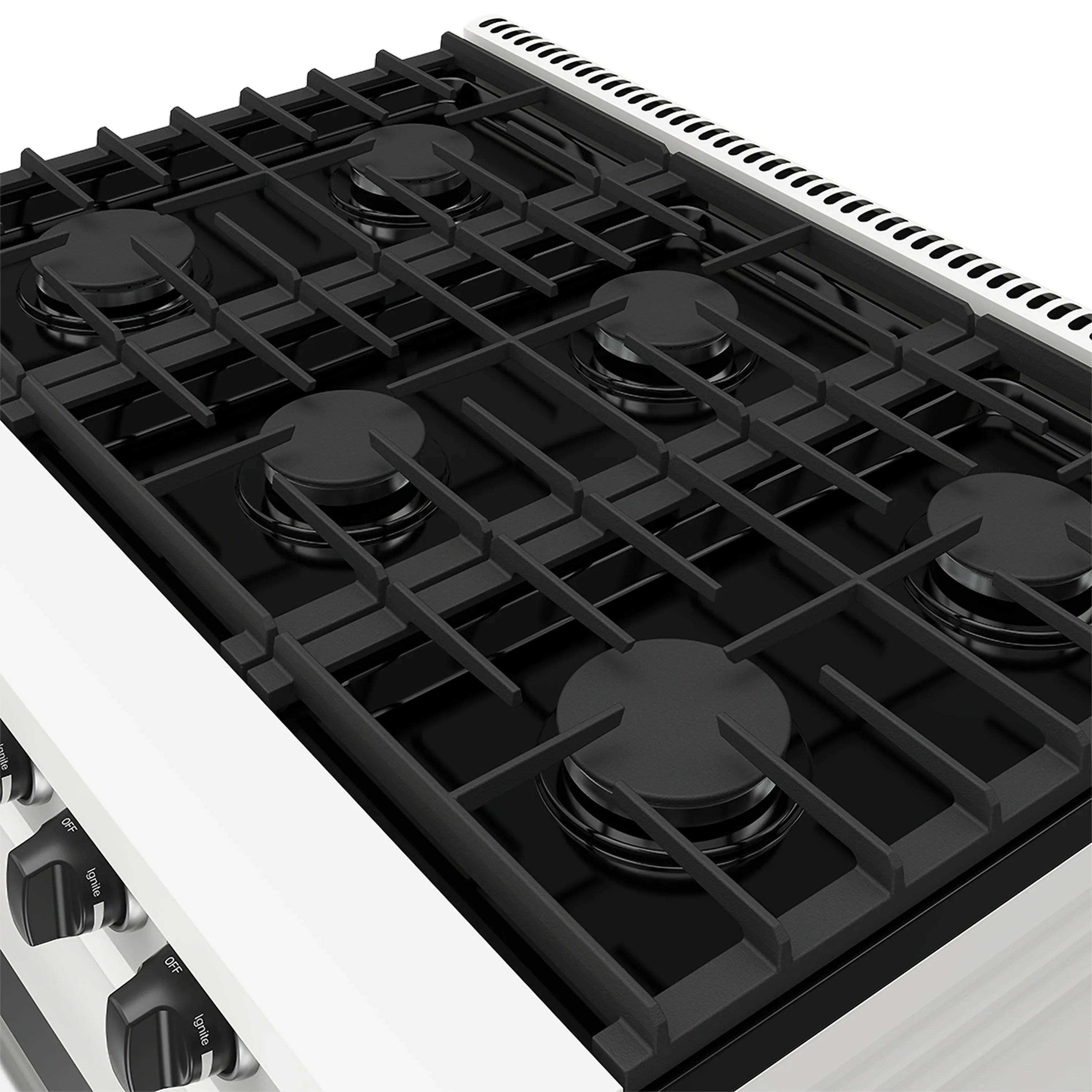 Black cast-iron style cooktop grates with burner caps on a white gas range