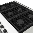 Close-up of black gas cooktop grates with circular burner caps on white range