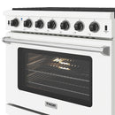 White gas range front view with black oven window and top control knobs