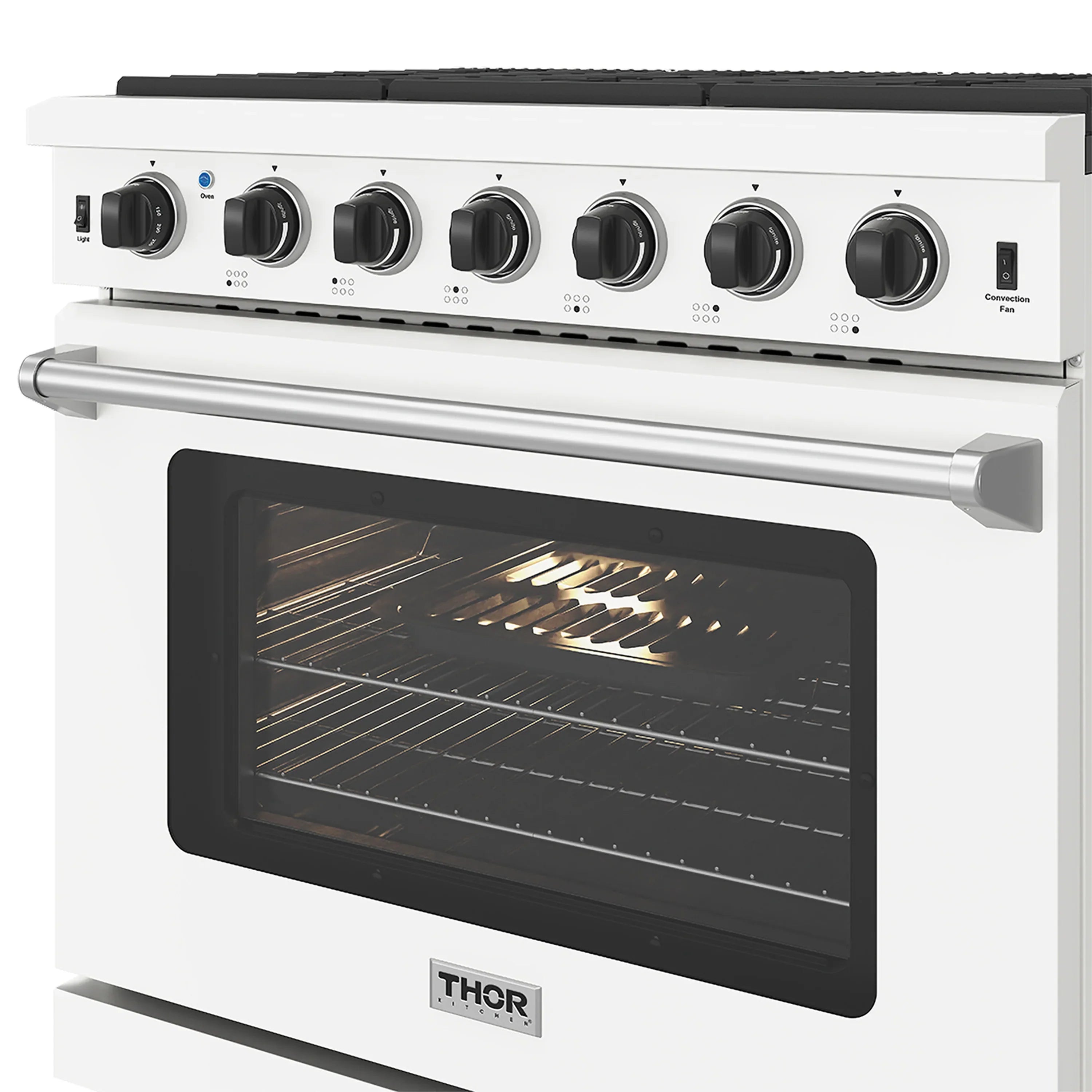 White 36-inch gas range with black glass oven window and control knobs