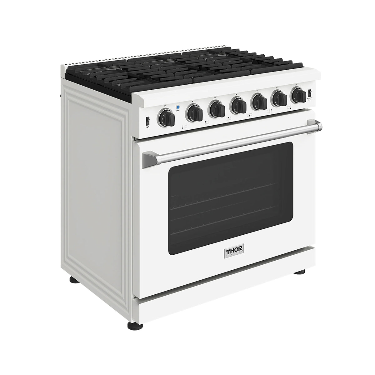 White gas range with black cooktop grates, control knobs, and closed oven door
