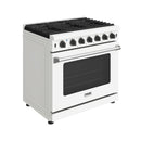 White propane range with black glass oven door and stainless handle