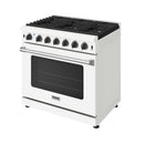White propane range with black cooktop burners and windowed oven door