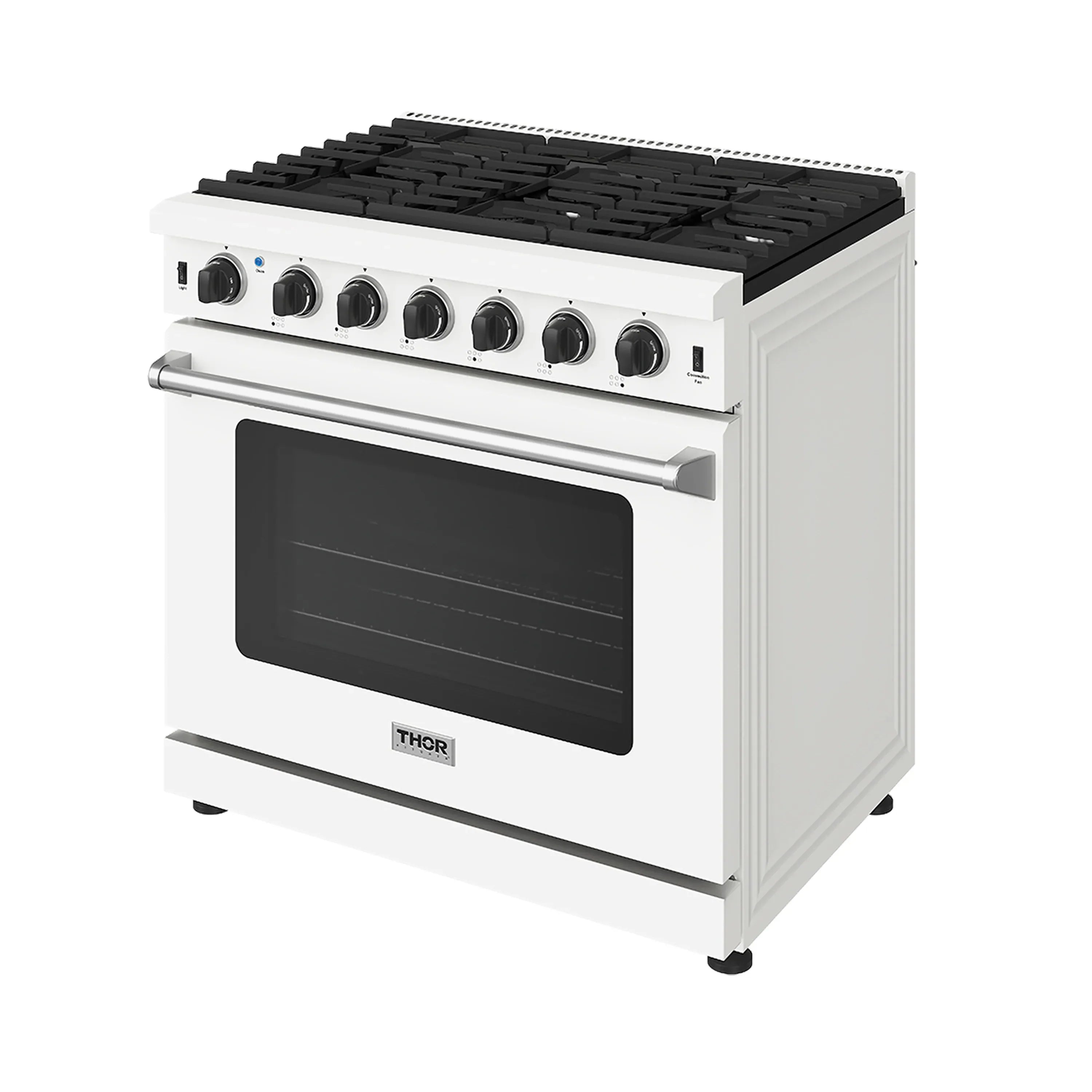 White gas range angled view with black cooktop grates and oven door window