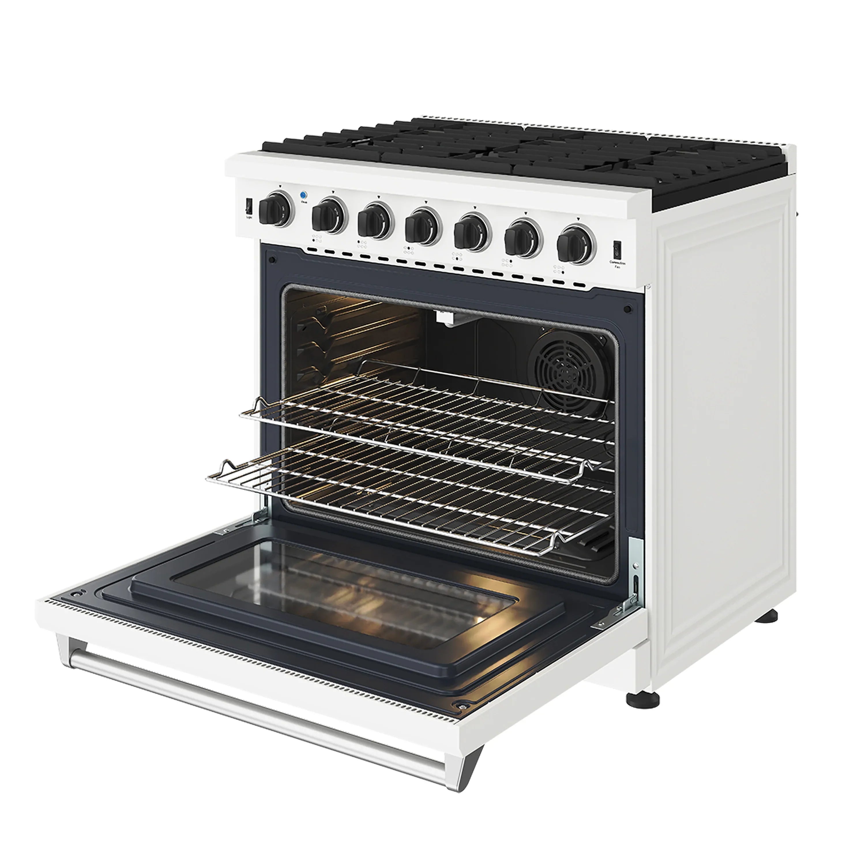 White gas range with open oven door showing racks and back fan area