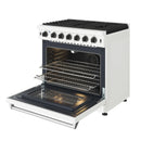 White gas range with oven door open and lit interior with racks and heating elements