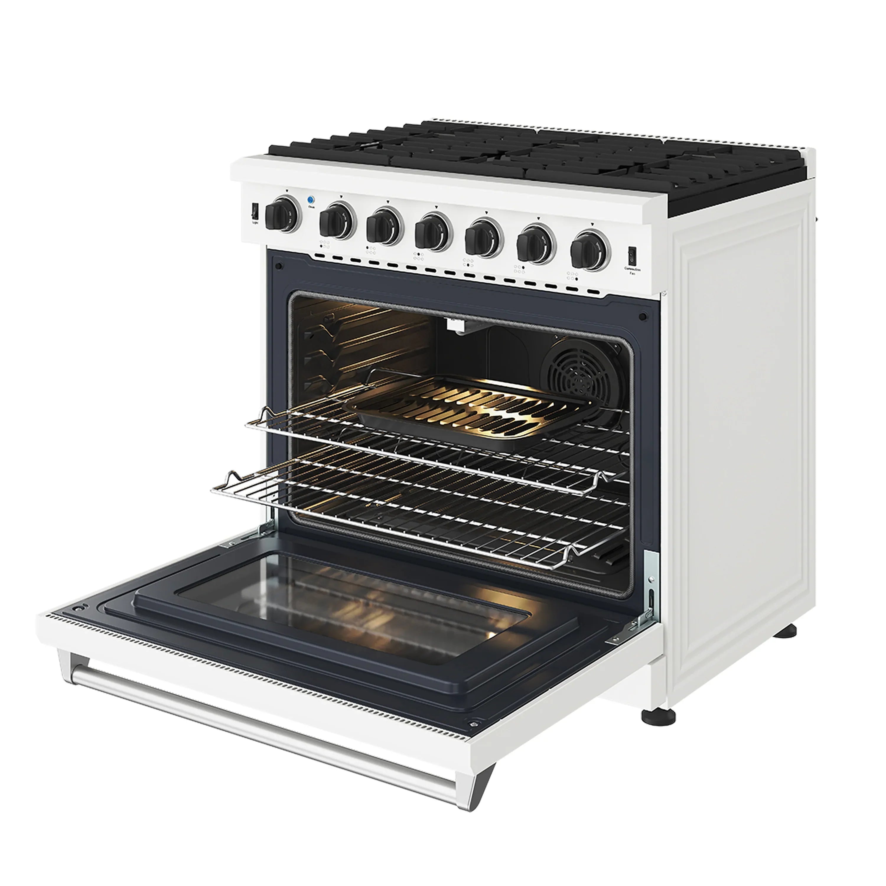 White gas range with oven door open, interior racks and burner area visible