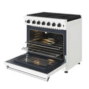 White propane range with open oven and visible racks over a glowing bake surface