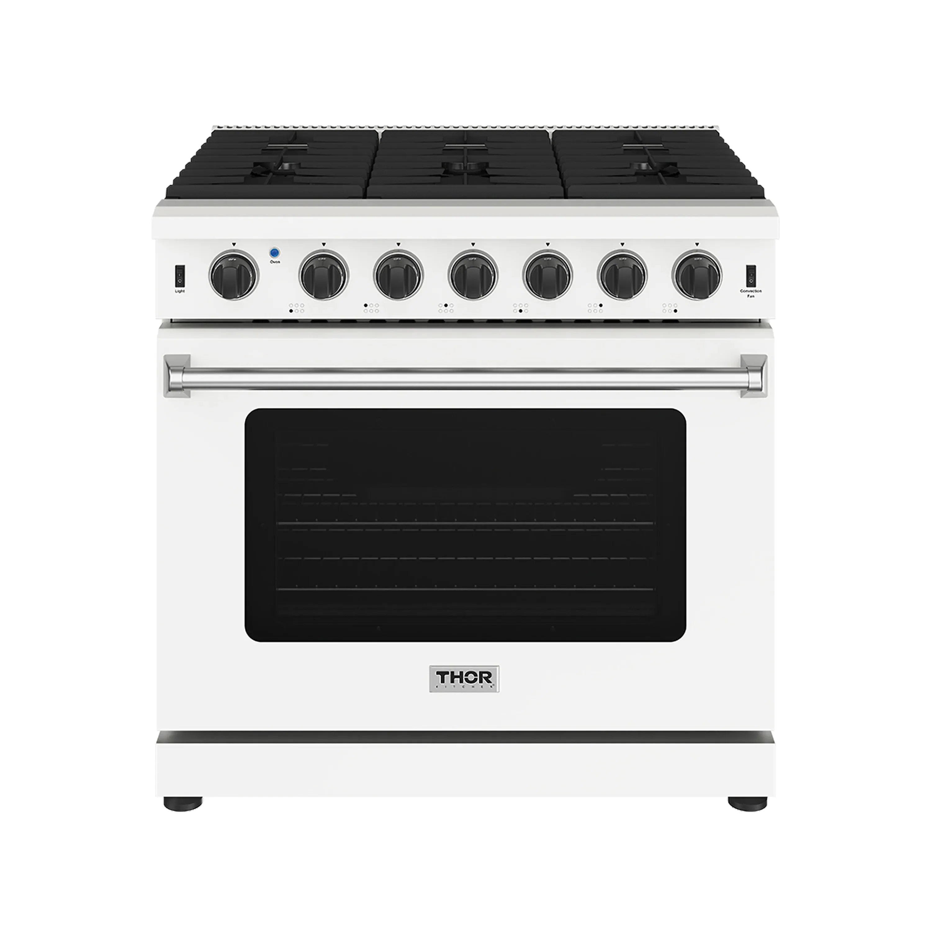 White 36-inch gas range with black cooktop, oven door window, and control knobs