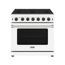 White gas range with black cooktop grates, oven door, and control knob row