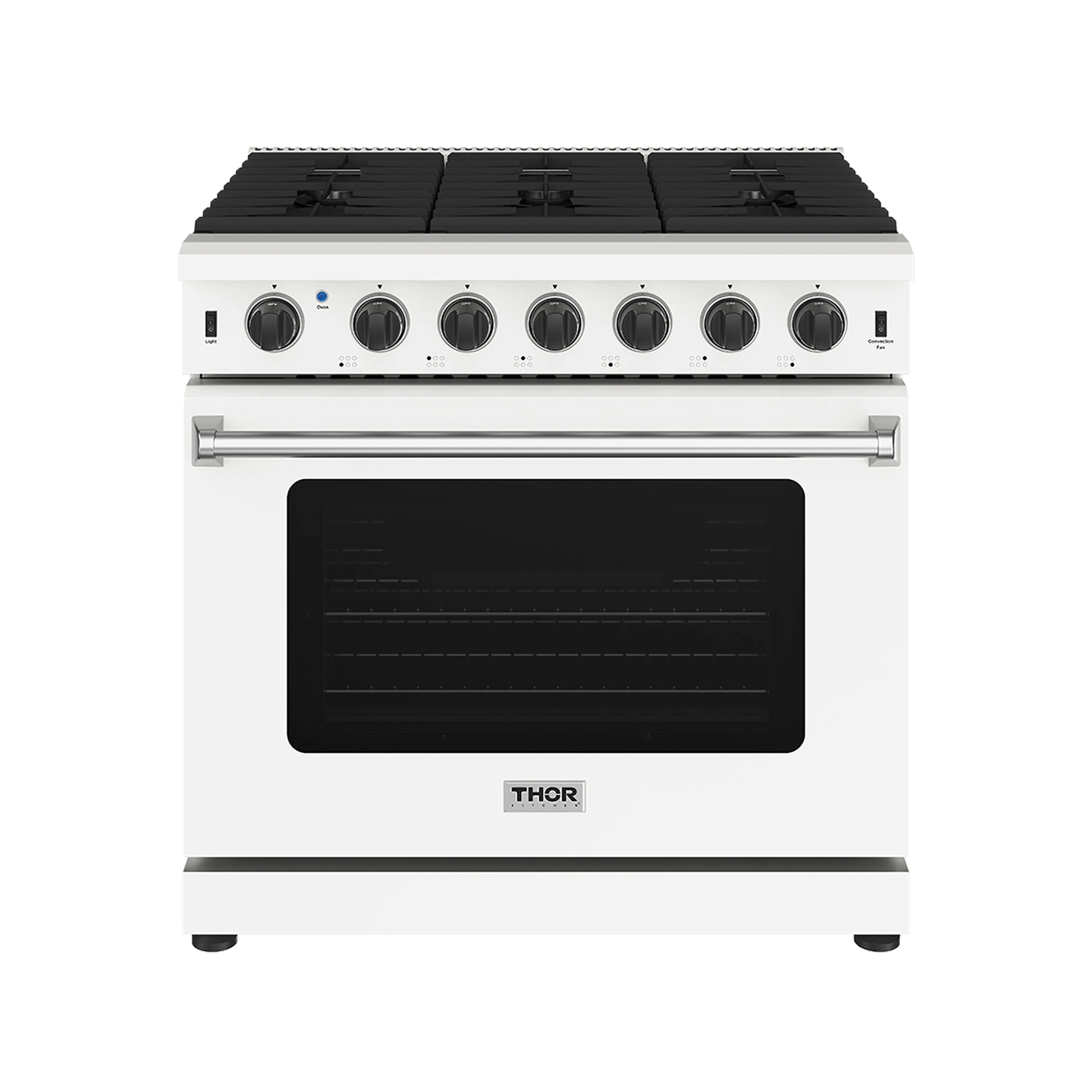 White gas range with black cooktop grates, oven door, and control knob row