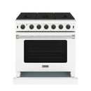 White gas range with control knobs, cooktop burners, and black oven window