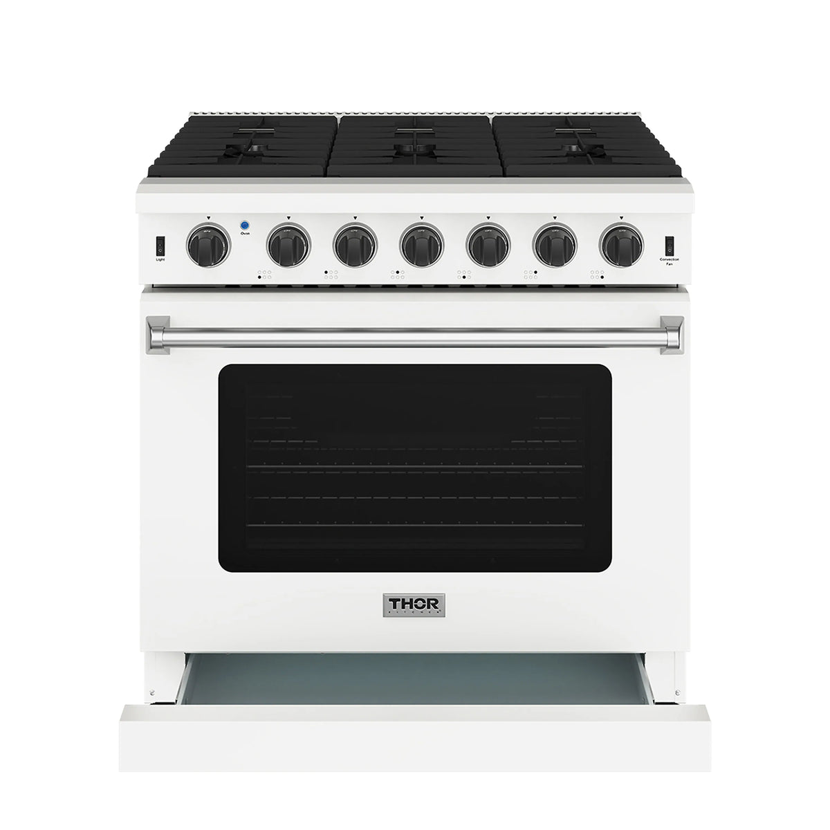 White gas range with control knobs, cooktop burners, and black oven window