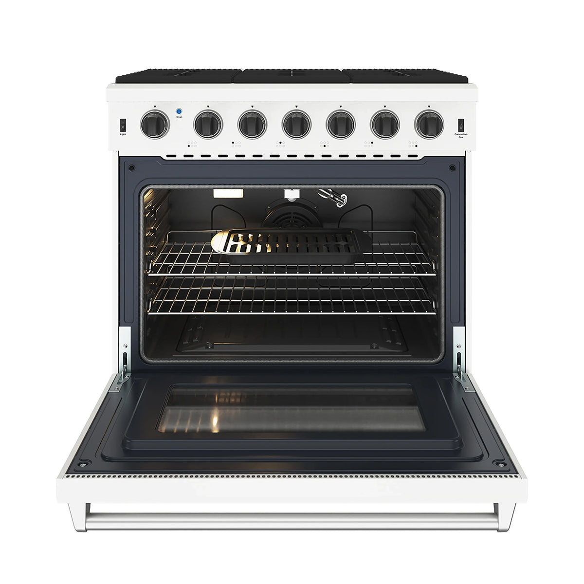 White propane range with open oven door showing racks and broiler area