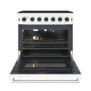 White 36-inch gas range with open oven door and wire oven rack inside