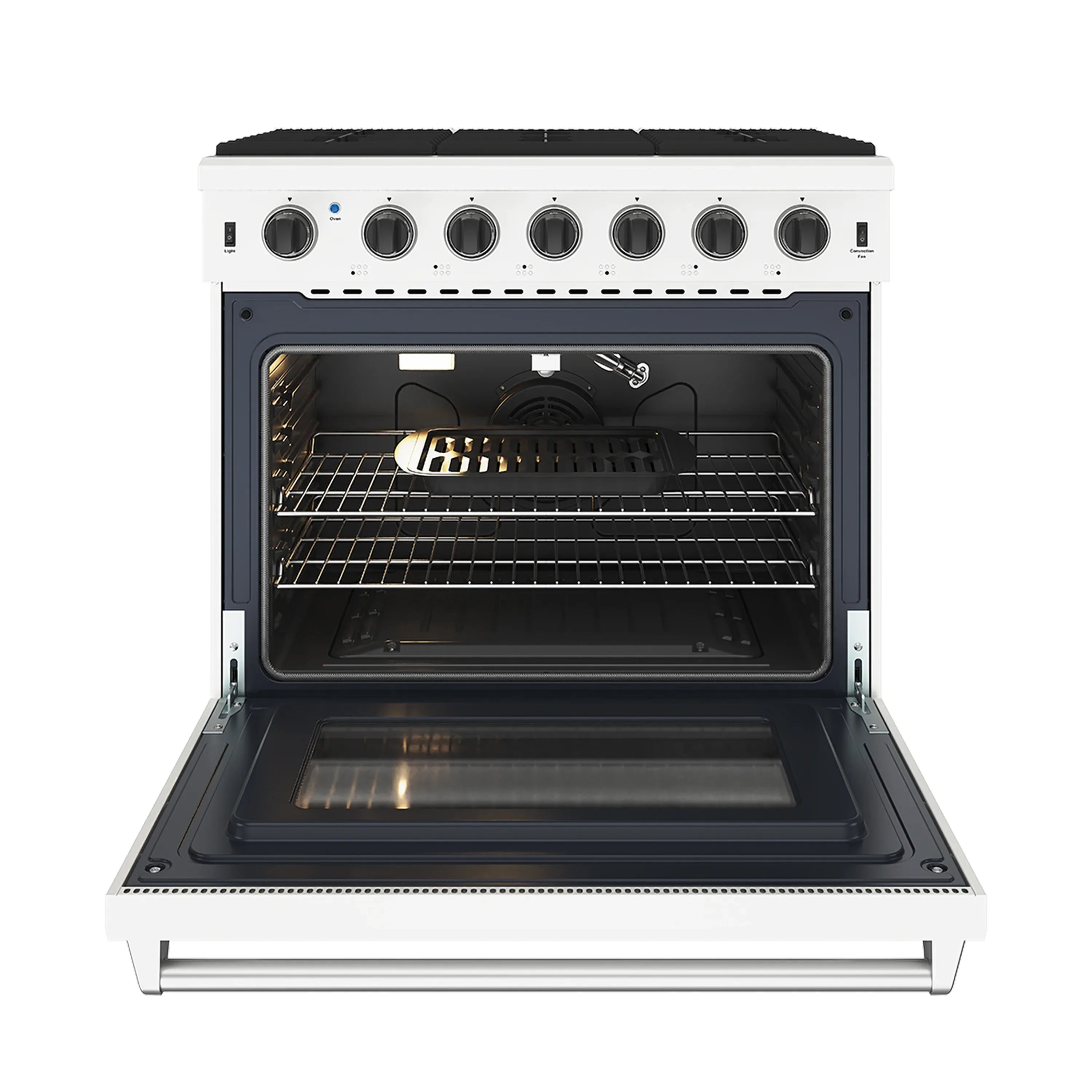 White oven with door open, visible racks and heated interior with burner elements