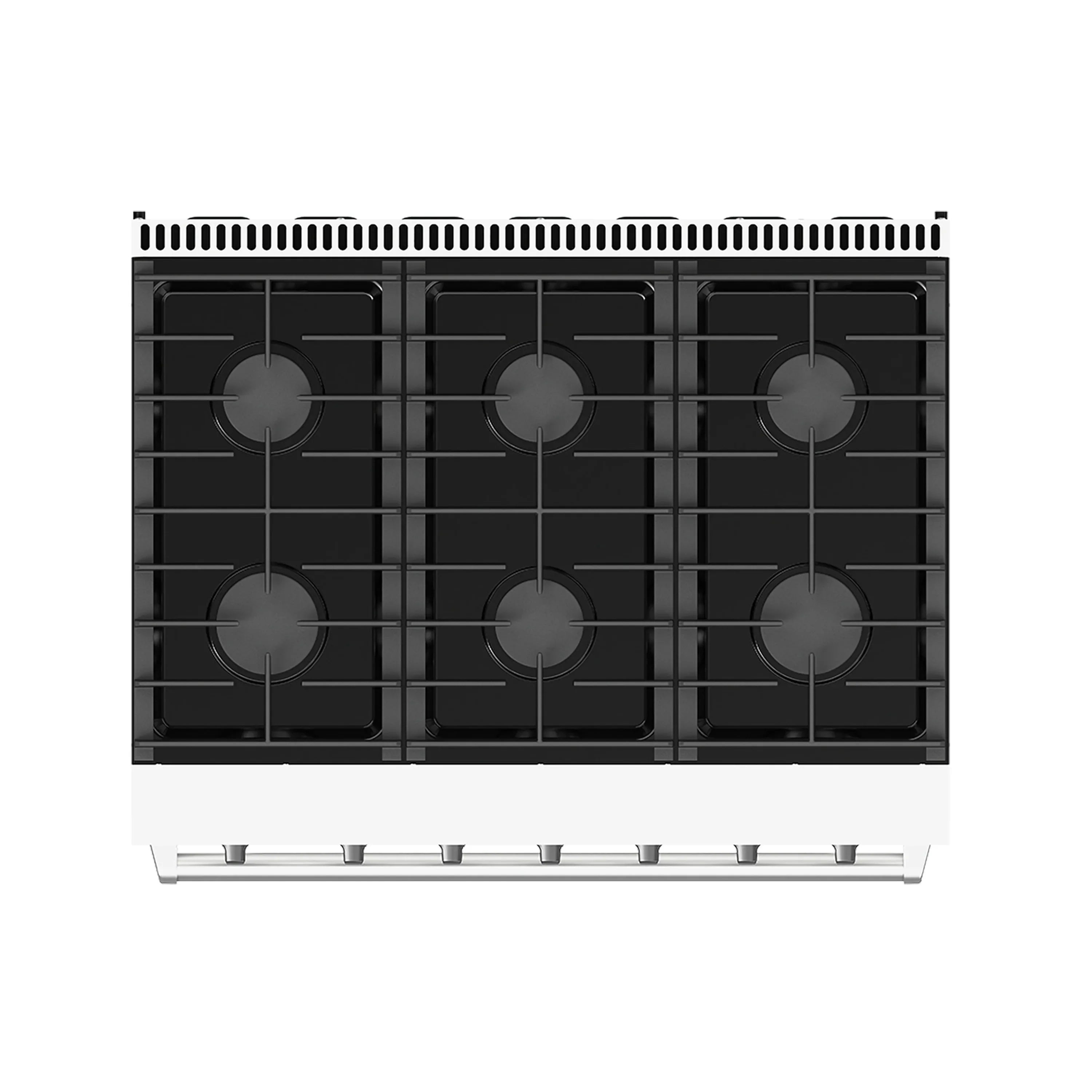 Black gas cooktop grates with burner caps and vent slots on a white range