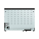 Black 48-inch gas range rear panel with access cover and vents