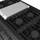 Black gas range cooktop with four cast-iron grates and burners
