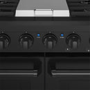 Black gas range control knobs with oven and griddle settings