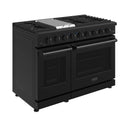Black propane range with two glass-door ovens and top cooktop grates