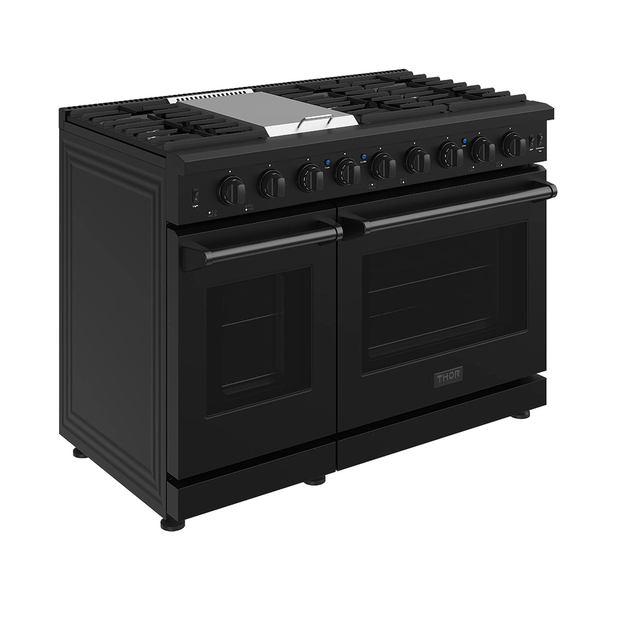 Black propane range with two glass-door ovens and top cooktop grates