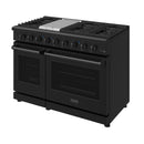 Black propane range with top grates and closed oven doors, angled view