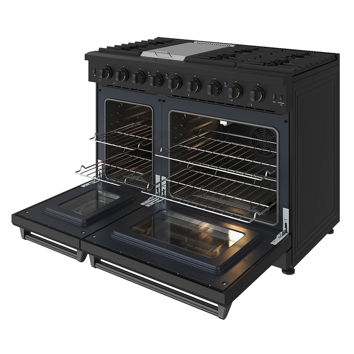 Black propane range with two open ovens, racks inside, glass-front broiler drawer