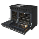 Black 48-inch gas range with oven door open showing racks and bake pan